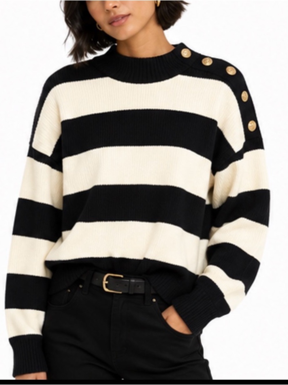 Marled Black Ribbed Knit Sweater with gold hardware size Large